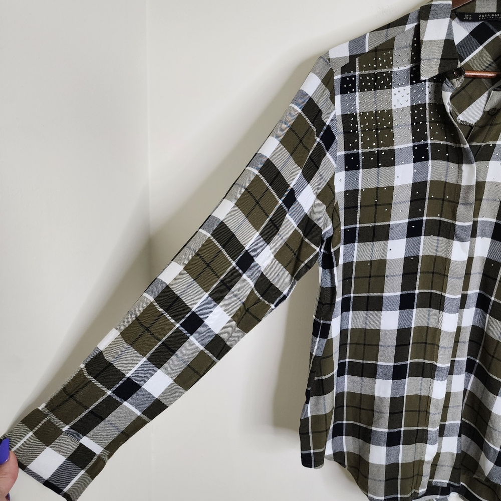 Zara Basic Collection Army Green Plaid Rhinestone… - image 4